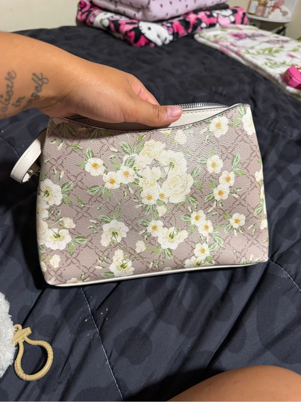Nine West Floral Crossbody Bag in Light Taupe with Cream Flowers
